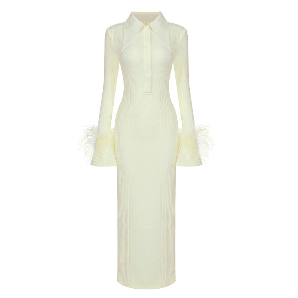 Pretty Feather Trim Pointed Collar Button Down Ribbed Bandage Maxi Dress - YelLow - Image 4