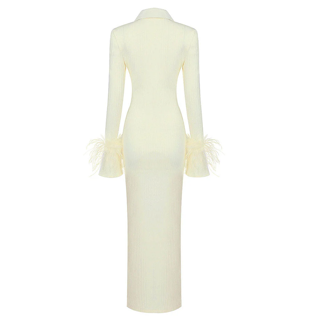 Pretty Feather Trim Pointed Collar Button Down Ribbed Bandage Maxi Dress - YelLow - Image 5