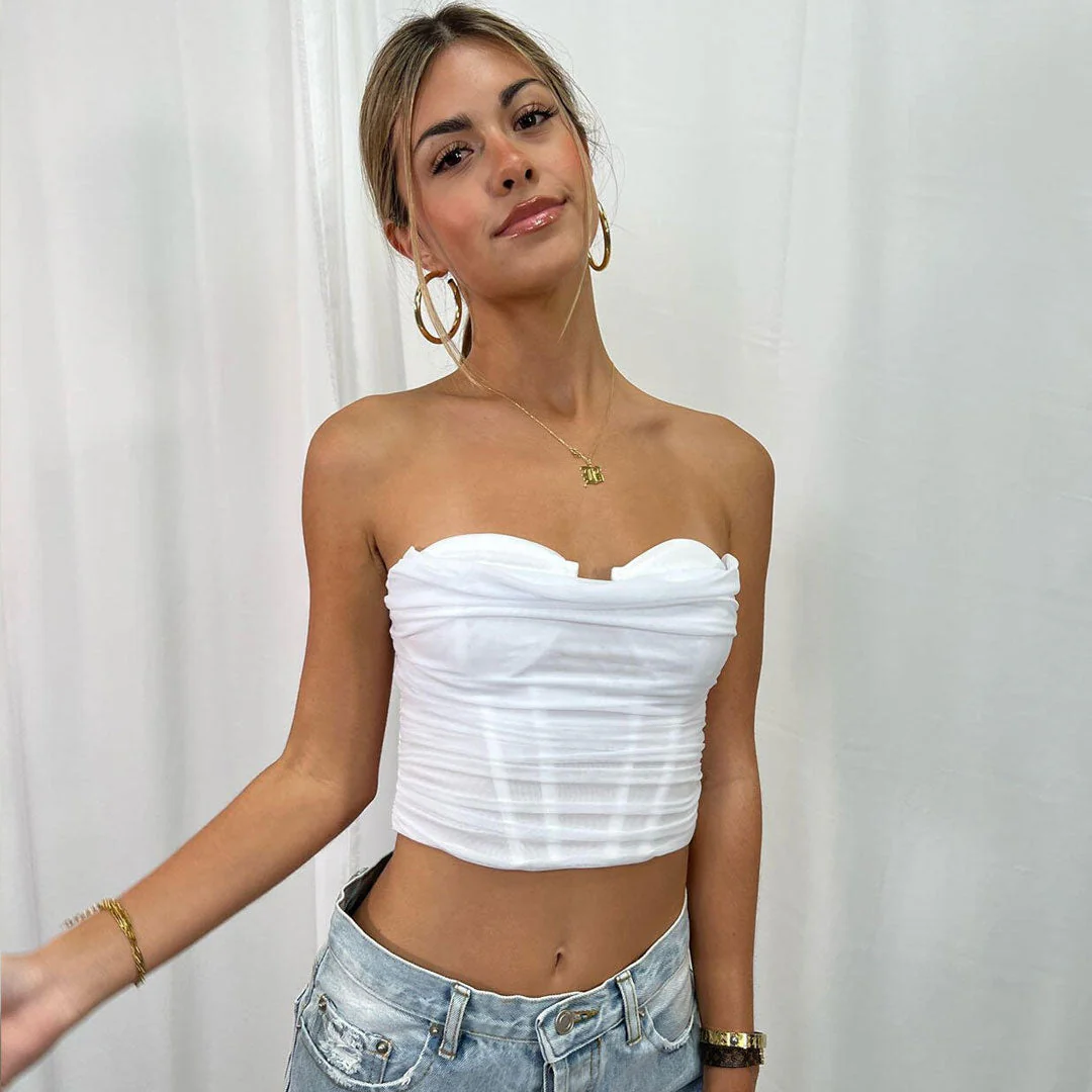 Pretty Ruched Mesh Cowl Neck Strapless Corset Top - White - Image 2