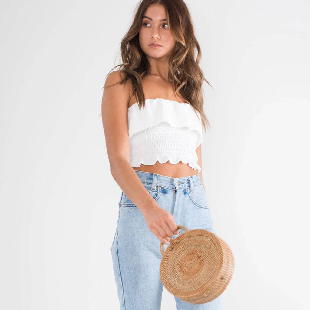 Pretty Ruffle Square Neck Tie Strap Crop Smocked Top - White - Image 2