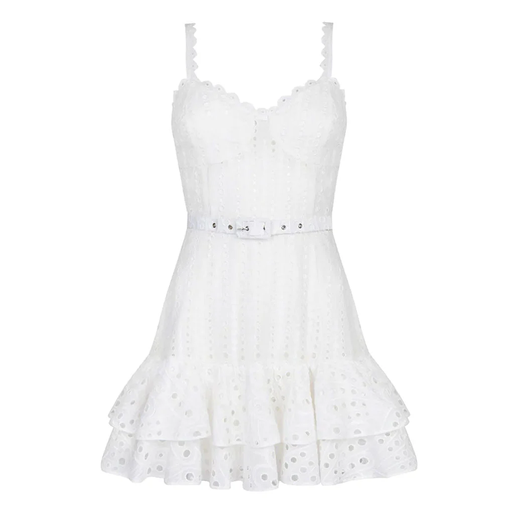 Pretty Scalloped Sweetheart Cami Smocked Belted Tiered Broderie Anglaise Mini SunDress - Image 2