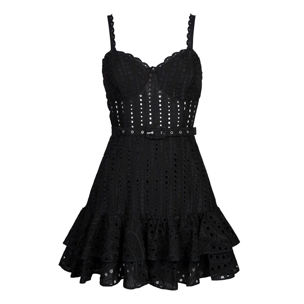 Pretty Scalloped Sweetheart Cami Smocked Belted Tiered Broderie Anglaise Mini SunDress - Image 3