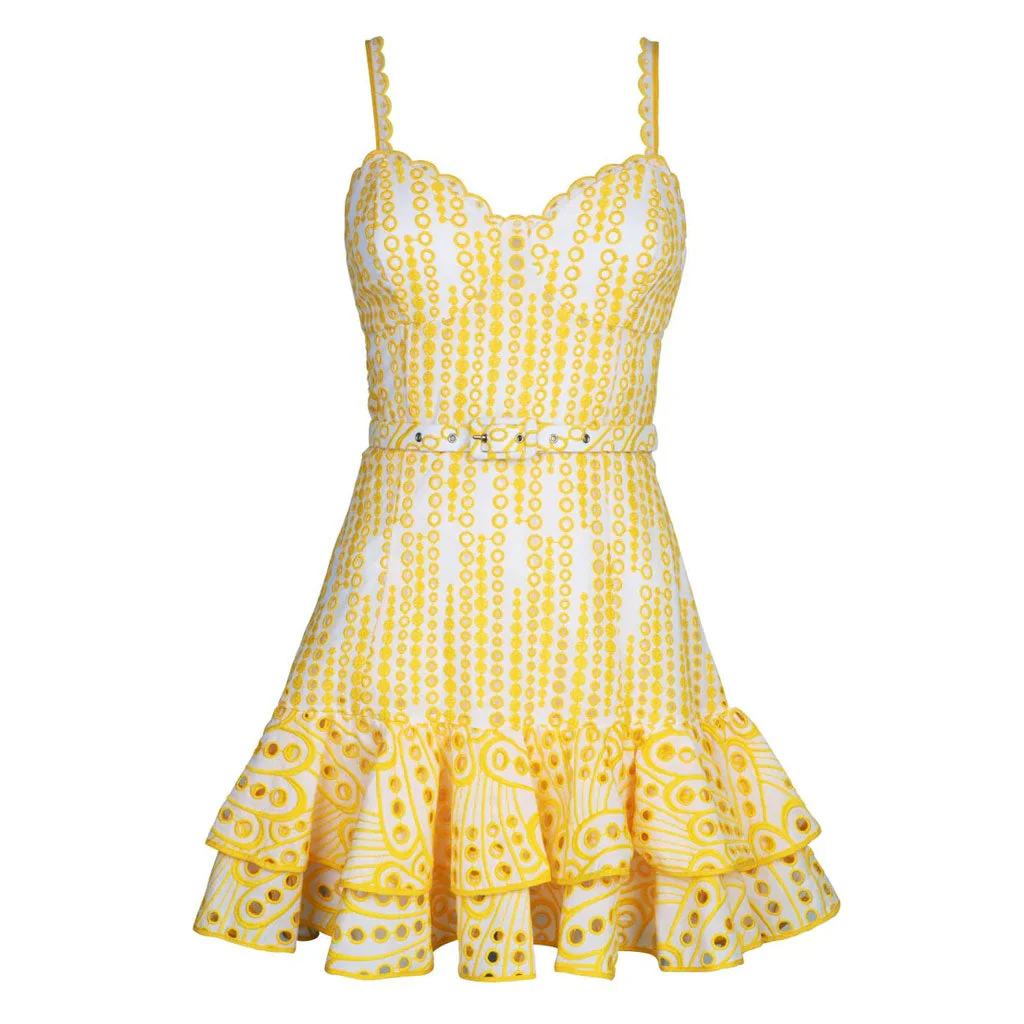 Pretty Scalloped Sweetheart Cami Smocked Belted Tiered Broderie Anglaise Mini SunDress - Image 4