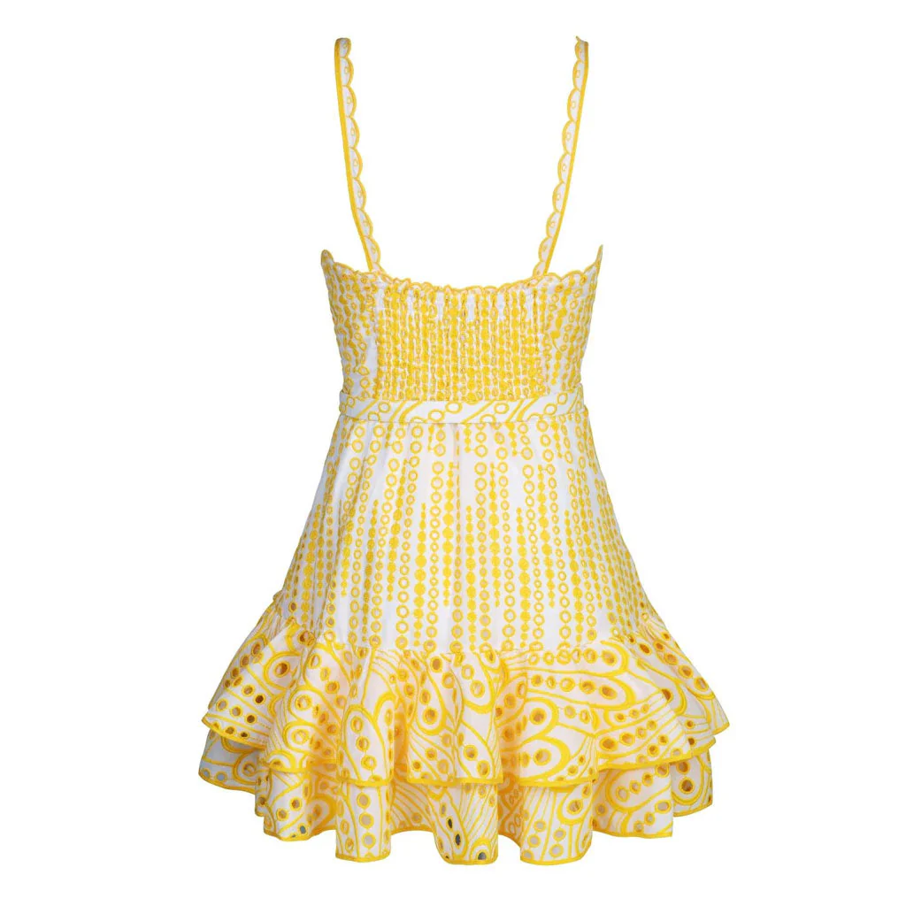 Pretty Scalloped Sweetheart Cami Smocked Belted Tiered Broderie Anglaise Mini SunDress - Image 5