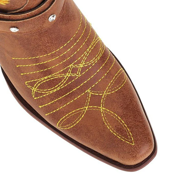 Pretty SunfLower Embroidered Square Toe Chunky Heel Western Boots - Brown - Image 4