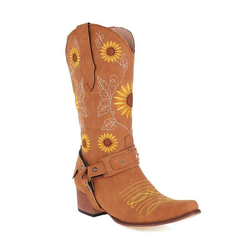 Pretty SunfLower Embroidered Square Toe Chunky Heel Western Boots - YelLow - Image 2