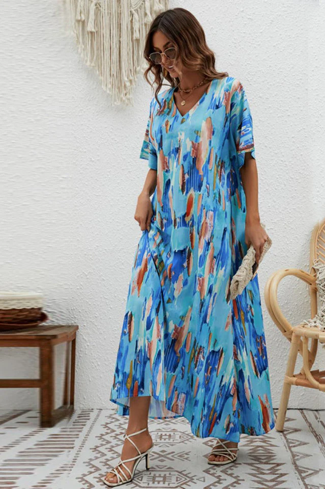 Print Short Sleeve Wide Hem Maxi Dress - Image 11