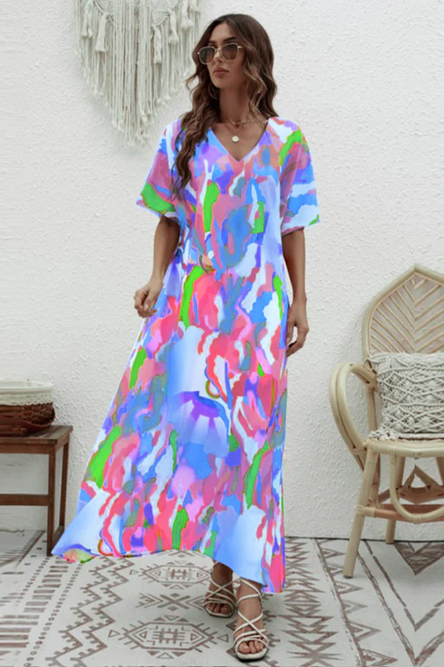 Print Short Sleeve Wide Hem Maxi Dress - Image 7