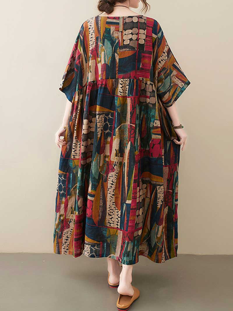 Printed Cotton Short Sleeve A-Line Dress - Image 2