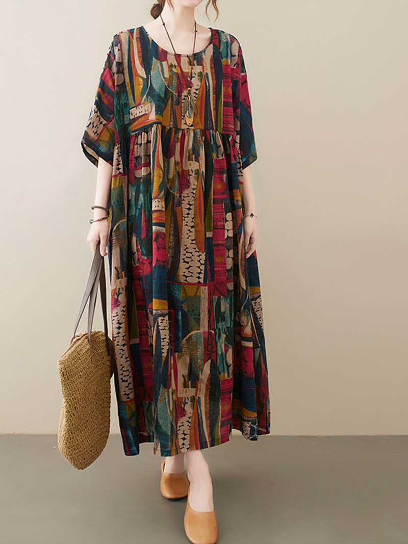 Printed Cotton Short Sleeve A-Line Dress - Image 3