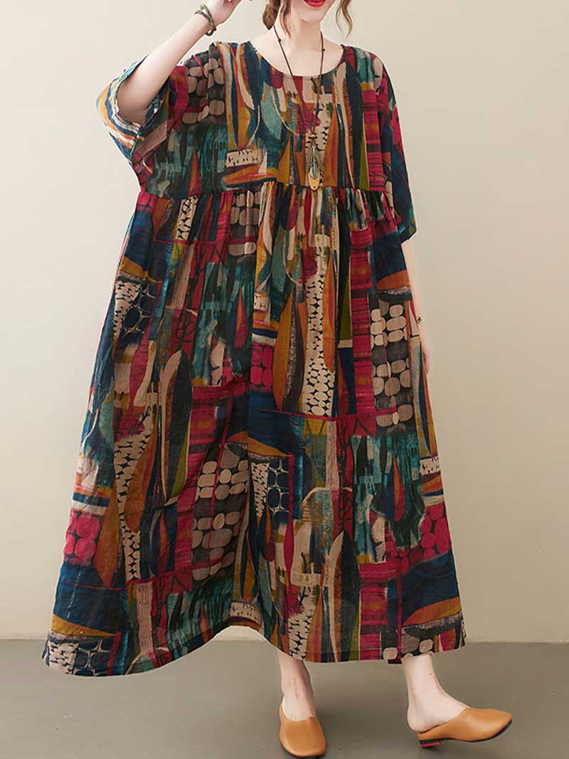 Printed Cotton Short Sleeve A-Line Dress - Image 5