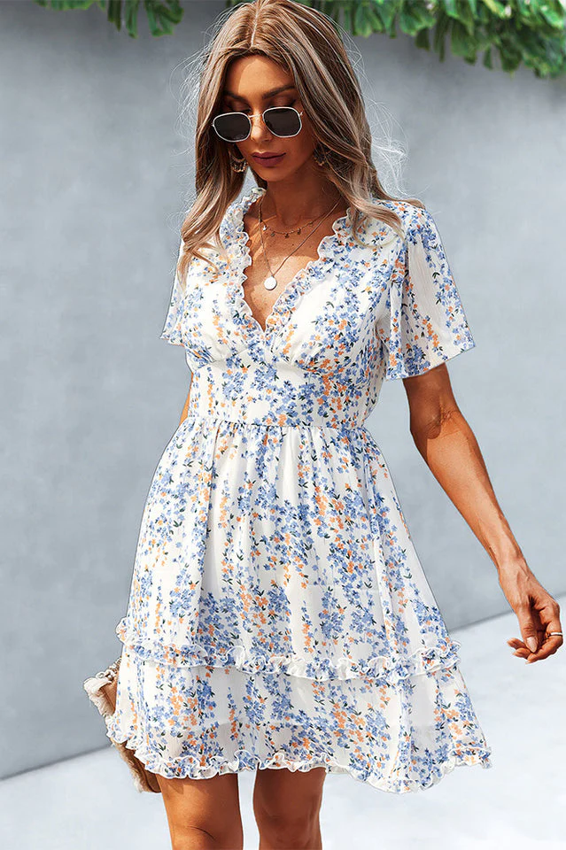 Printed Flutter Sleeve V-Neck Dress - Image 4