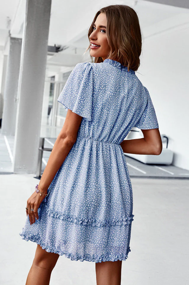 Printed Flutter Sleeve V-Neck Dress - Image 7