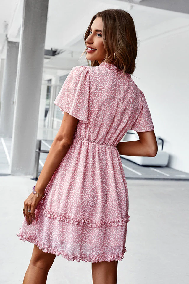 Printed Flutter Sleeve V-Neck Dress - Image 9