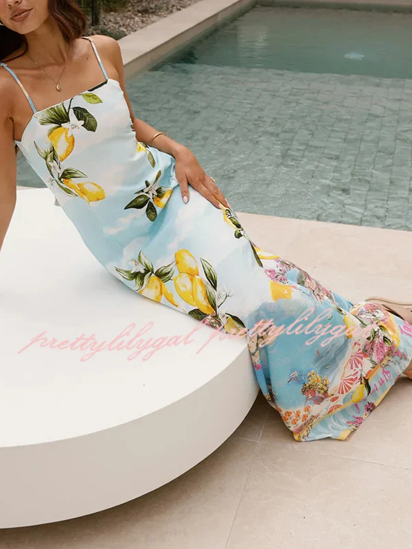 Printed French Elegant Sling Maxi Dress - Image 6