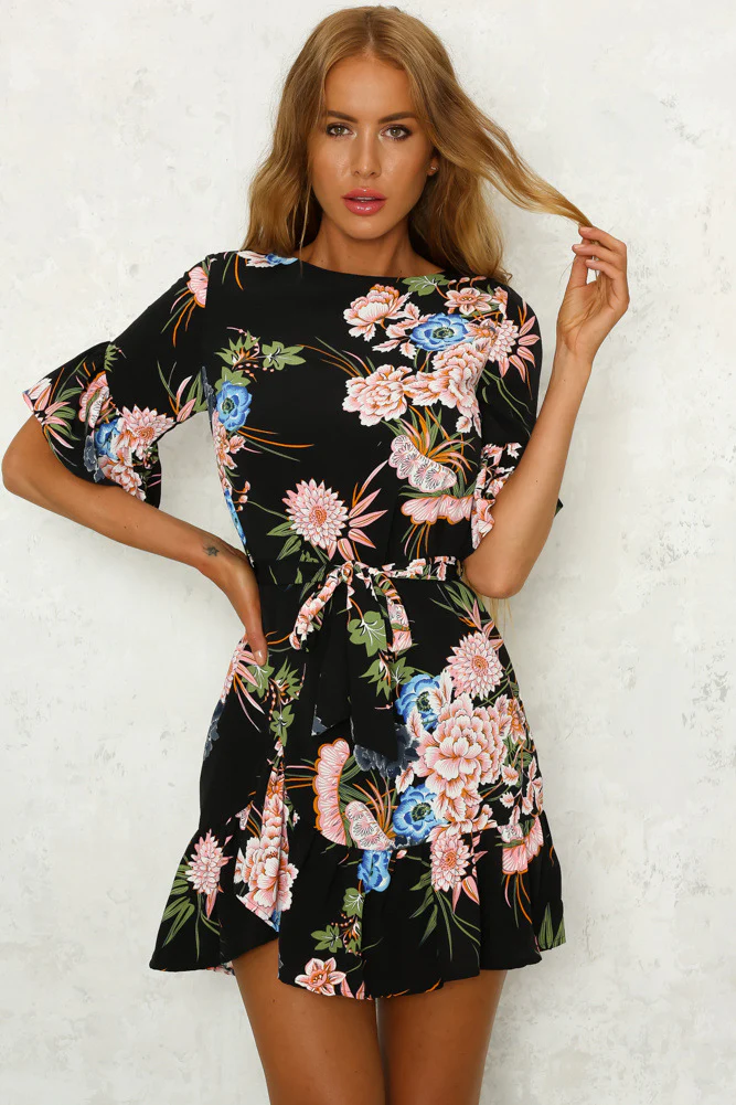 Printed Ruffled Round Neck Dress With Half Sleeves - Image 2