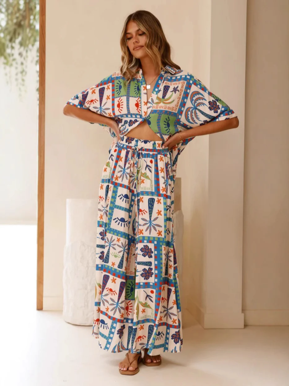 Printed Short-Sleeved Shirt And Wide-Leg Pants Suit - Image 2