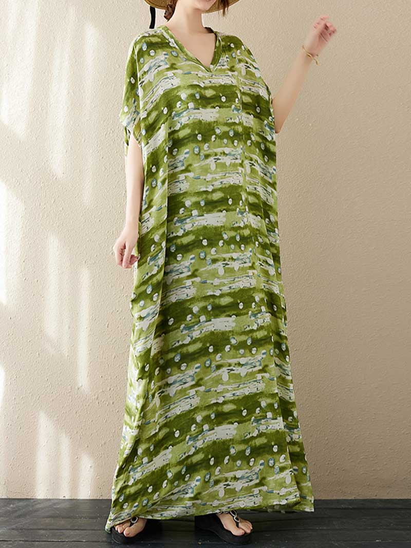 Printed V-Neck Cotton Short Sleeves Kaftan Dress - Image 3