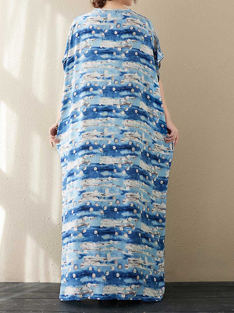 Printed V-Neck Cotton Short Sleeves Kaftan Dress - Image 4