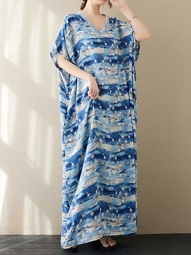 Printed V-Neck Cotton Short Sleeves Kaftan Dress - Image 6