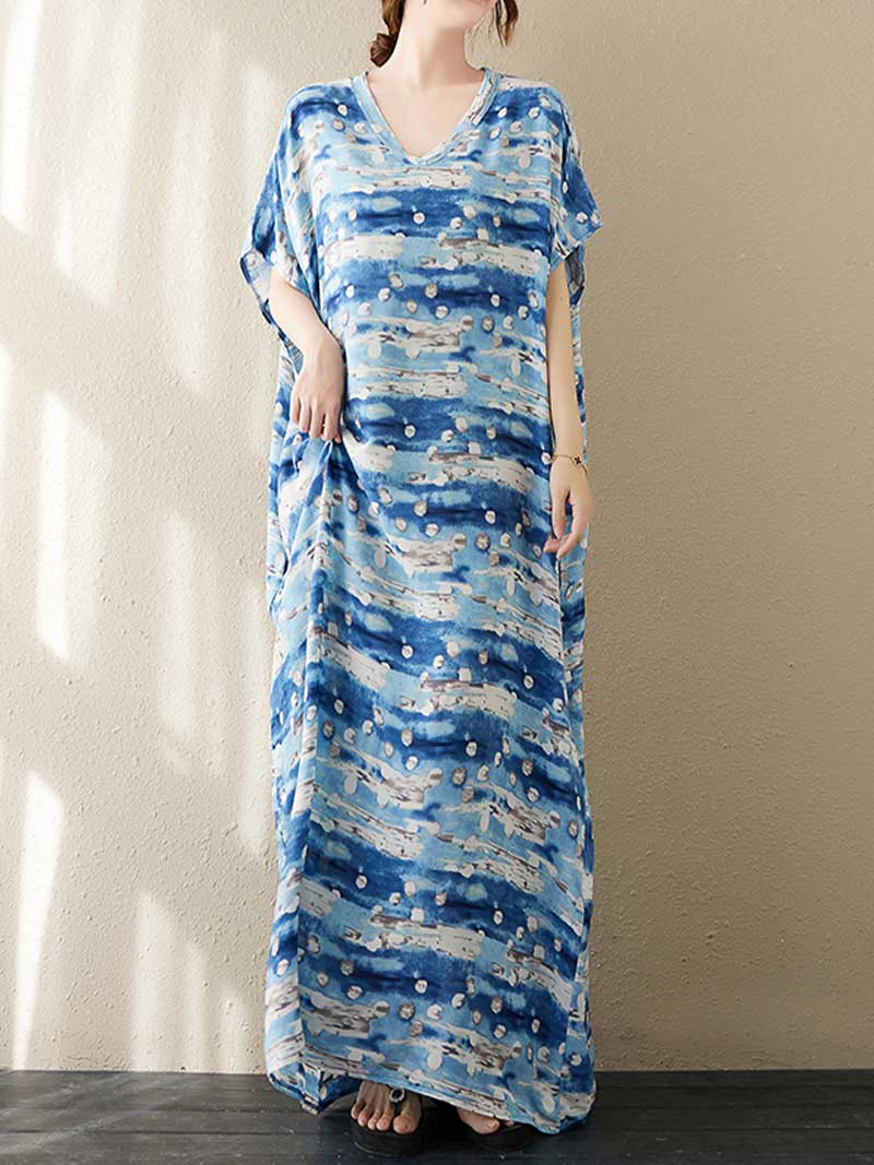 Printed V-Neck Cotton Short Sleeves Kaftan Dress - Image 7