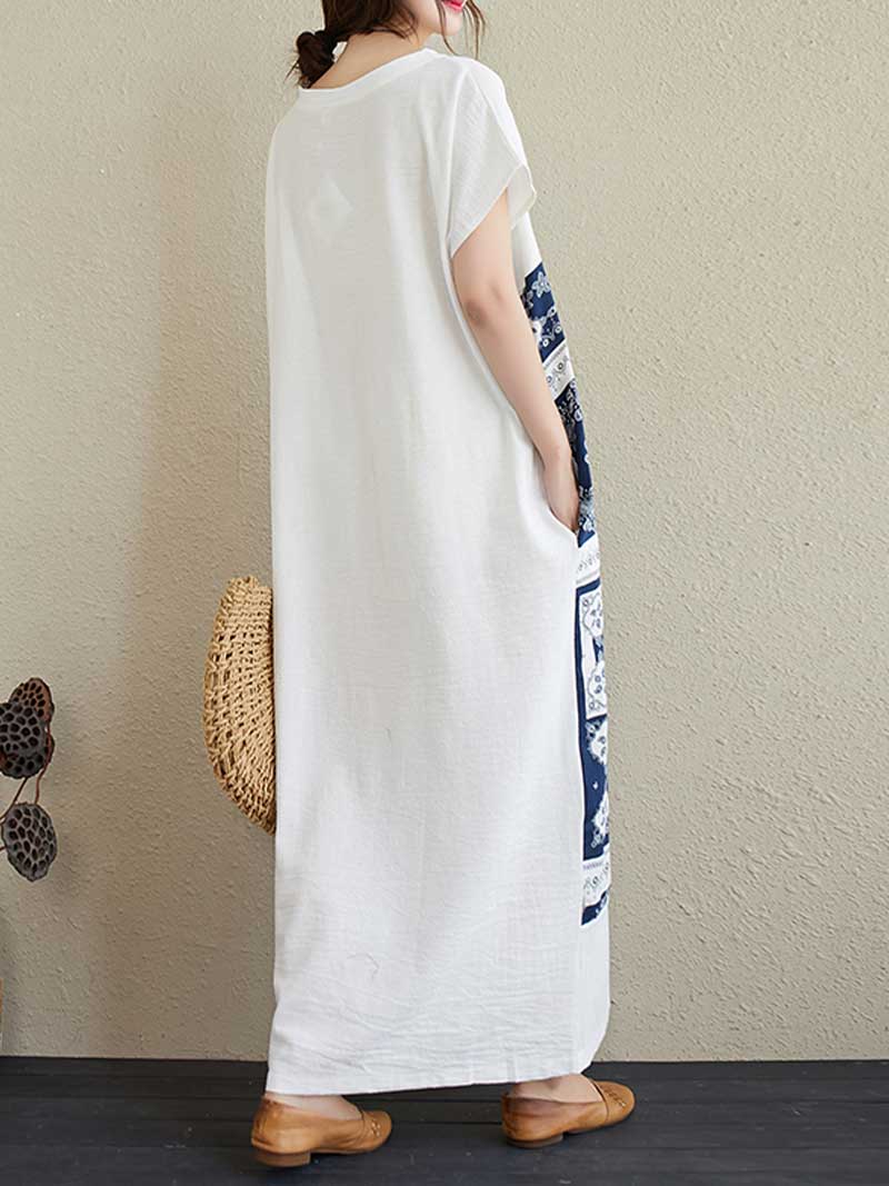 Printed White Short Sleeves Kaftan Dress - Image 2