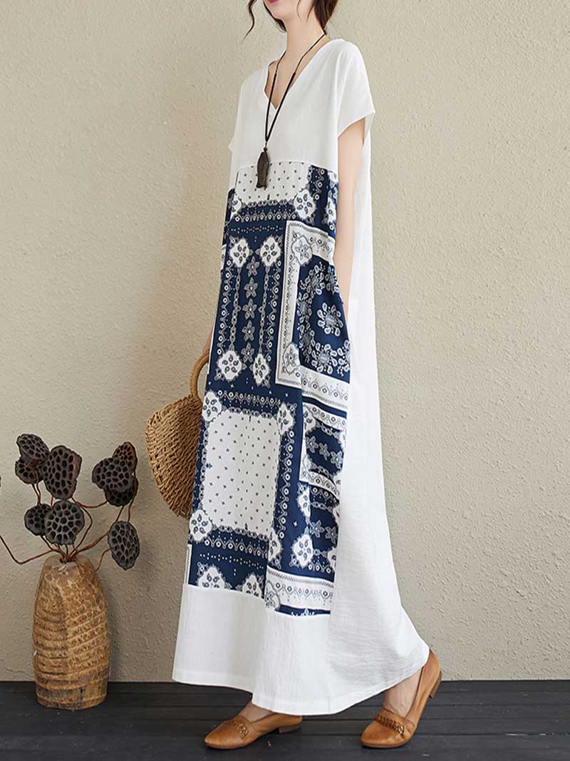Printed White Short Sleeves Kaftan Dress - Image 3