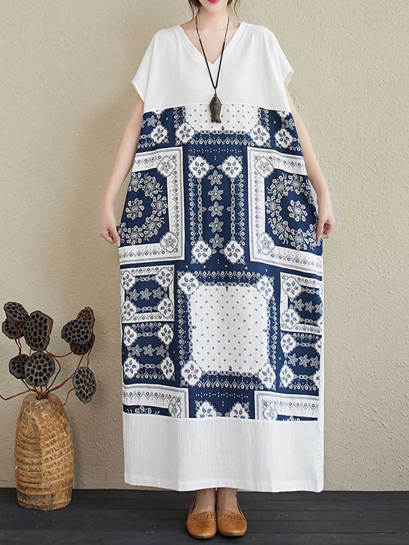 Printed White Short Sleeves Kaftan Dress - Image 4