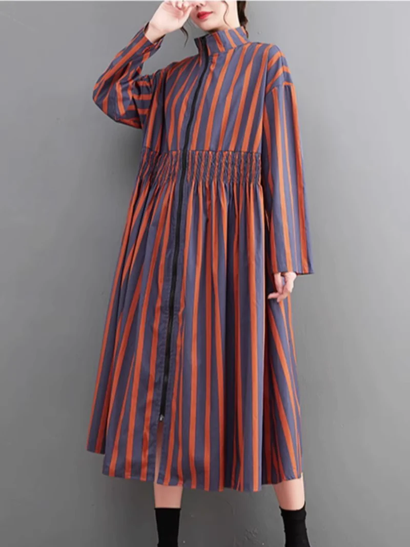 Printed Zipper Mid-Length Collar Striped A-line Dress - Image 2