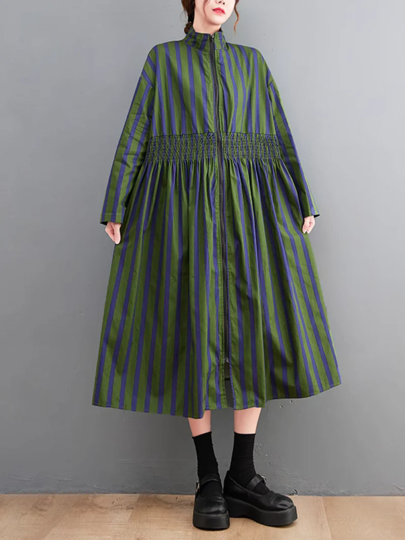 Printed Zipper Mid-Length Collar Striped A-line Dress - Image 3