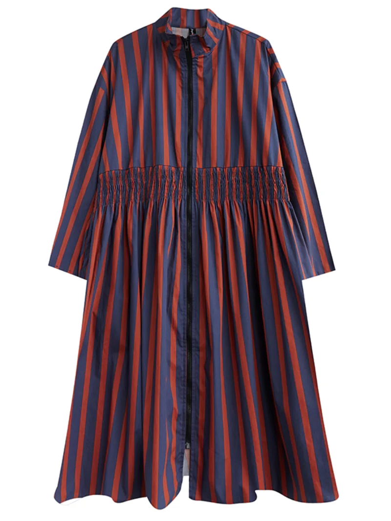 Printed Zipper Mid-Length Collar Striped A-line Dress - Image 4