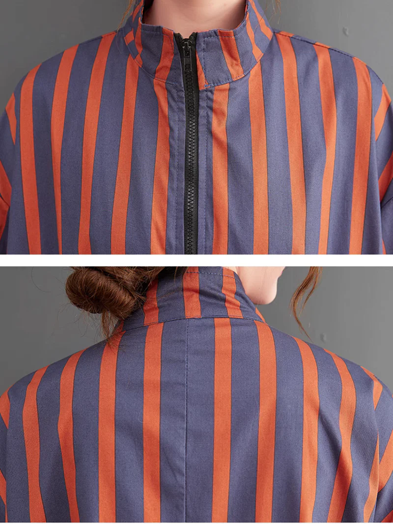 Printed Zipper Mid-Length Collar Striped A-line Dress - Image 5