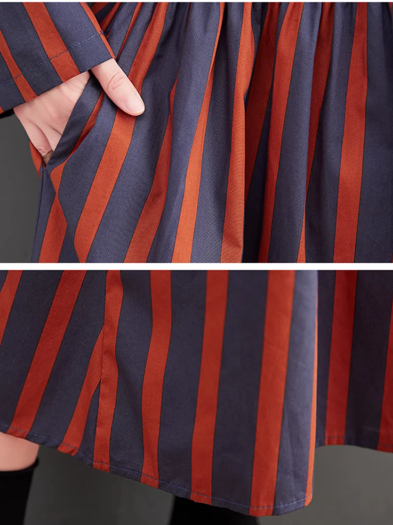 Printed Zipper Mid-Length Collar Striped A-line Dress - Image 7