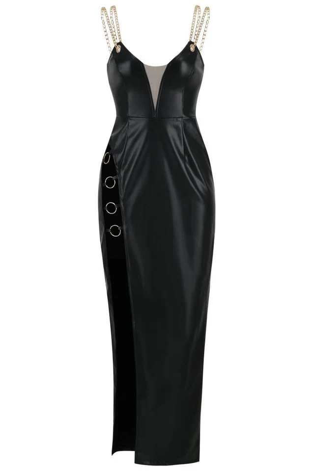 PU Metal Chain Strappy Slits Maxi Dress - Image 9