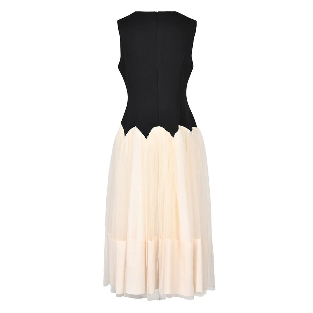 Puffy Crew Neck Contrast Petal Waist Crepe Panel Tulle Midi Sleeveless Dress - Image 3