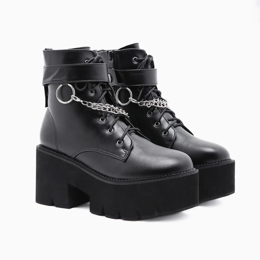 Punk Chain-Link Strap Lace Up Chunky Heel Platform Boots - Black - Image 2