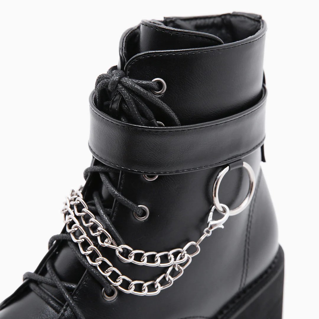 Punk Chain-Link Strap Lace Up Chunky Heel Platform Boots - Black - Image 4