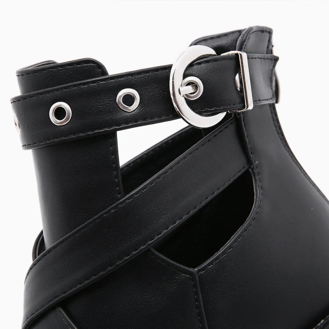 Punk Cutout Chain Trim Chunky Heel Platform Boots - Black - Image 4