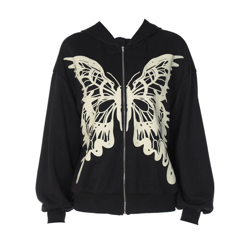 Punk Style Butterfly Print Drop Shoulder Long Sleeve Oversized Hoodie - Black - Image 3