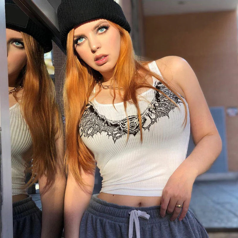 Punk Style Ribbed Animal Print Scoop Neck Cropped Tank Top - White - Image 2