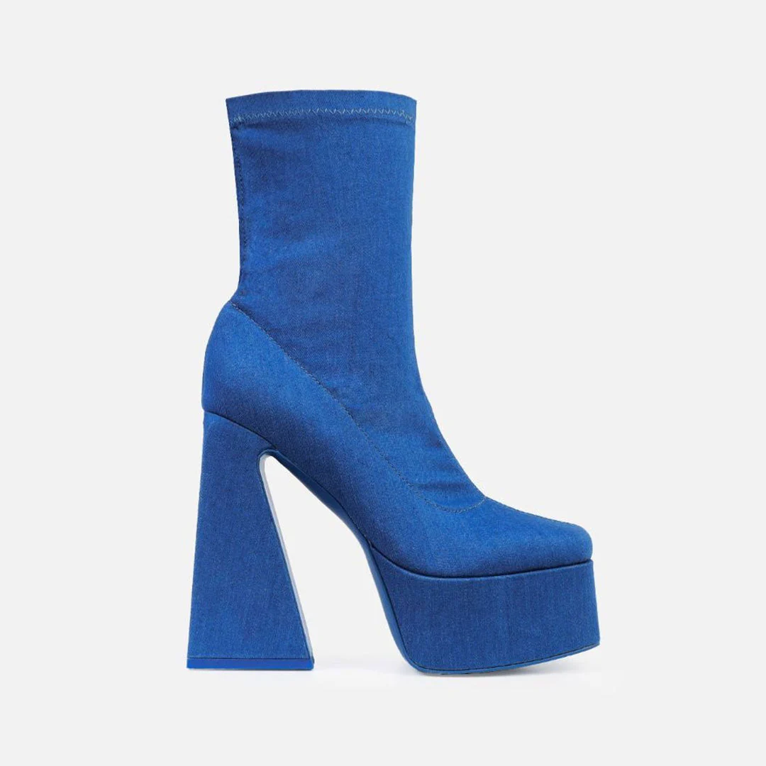 Punky Block High Heel Square Toe Platform Mid Calf Boots - Denim Blue - Image 2