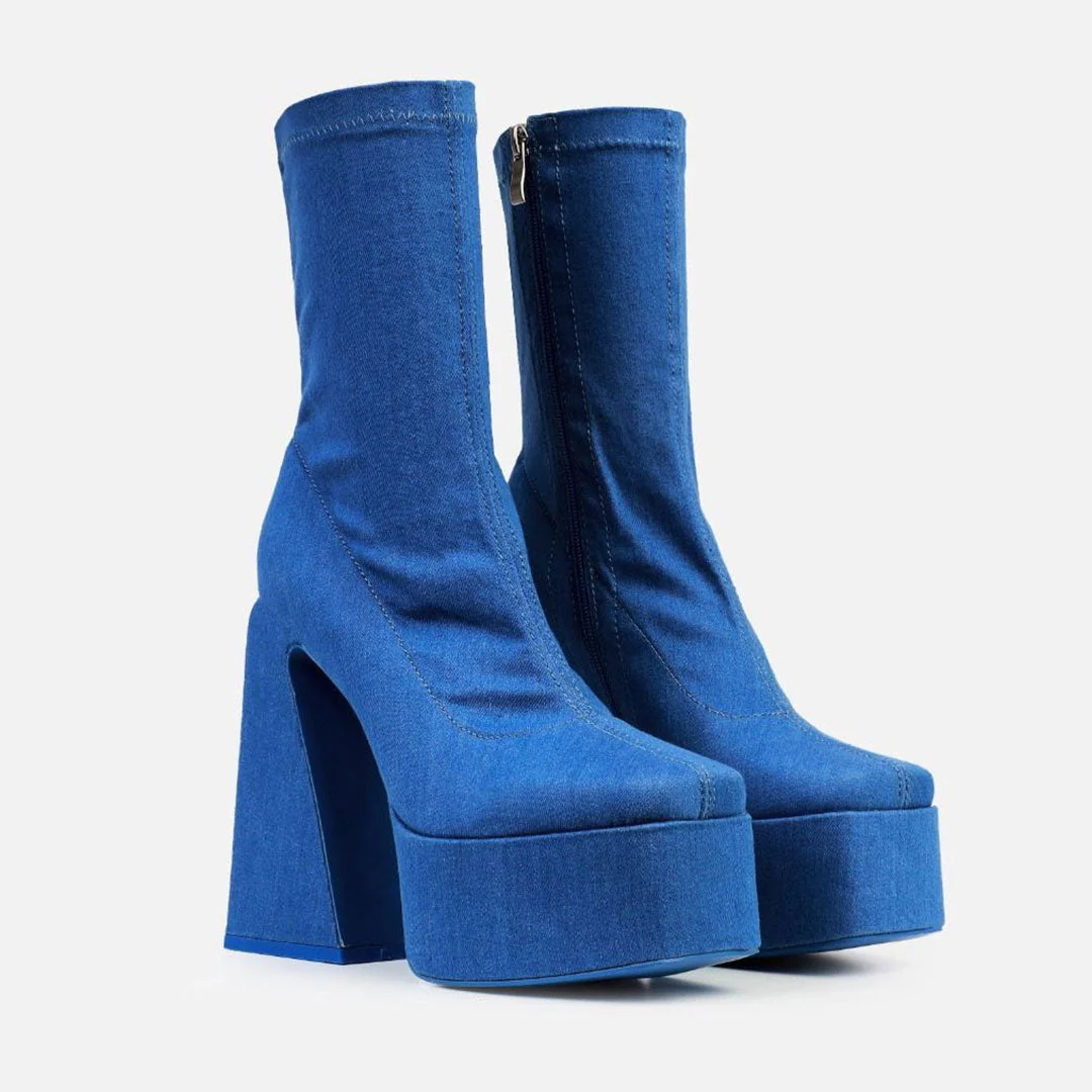 Punky Block High Heel Square Toe Platform Mid Calf Boots - Denim Blue - Image 3