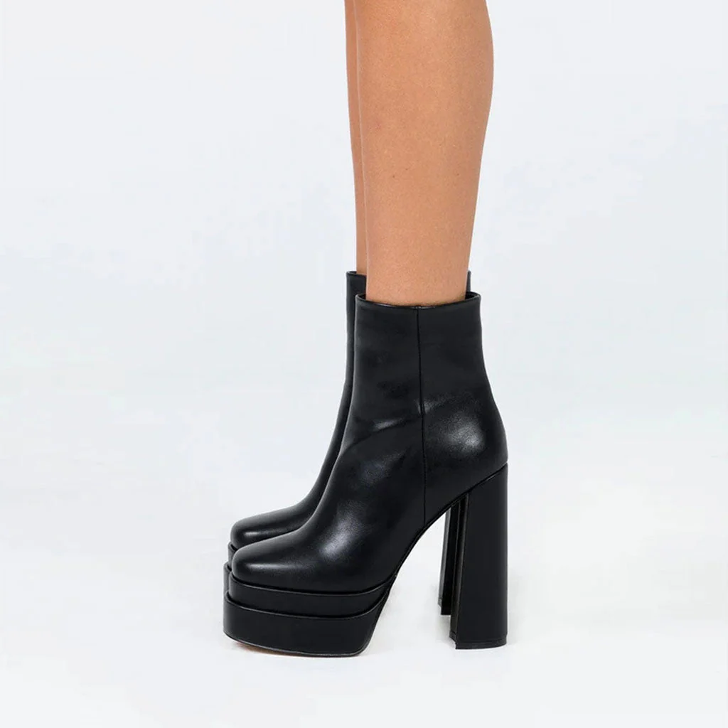 Punky Round Toe Faux Leather Platform Chunky Heeled Ankle Boots - Black - Image 2
