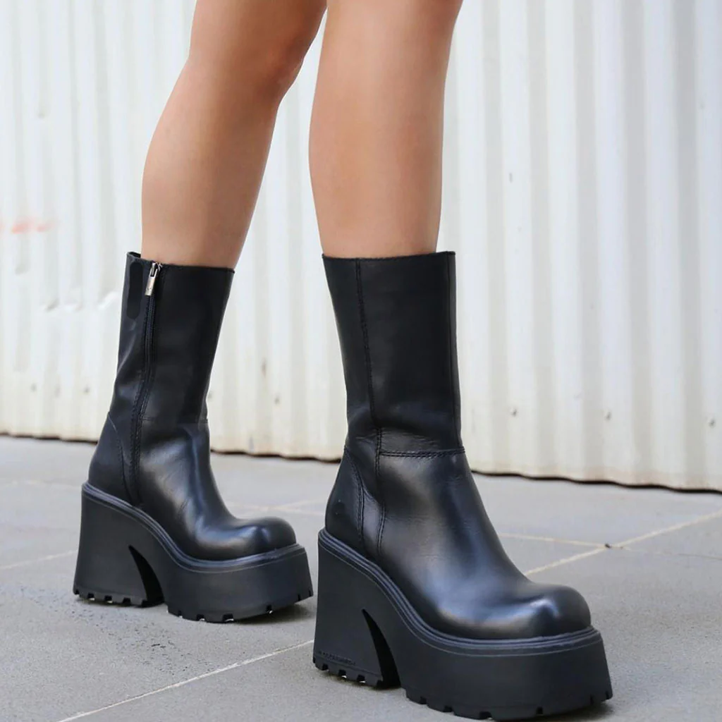 Punky Round Toe Mid Calf Platform Geometric Heeled Boots - Black - Image 4