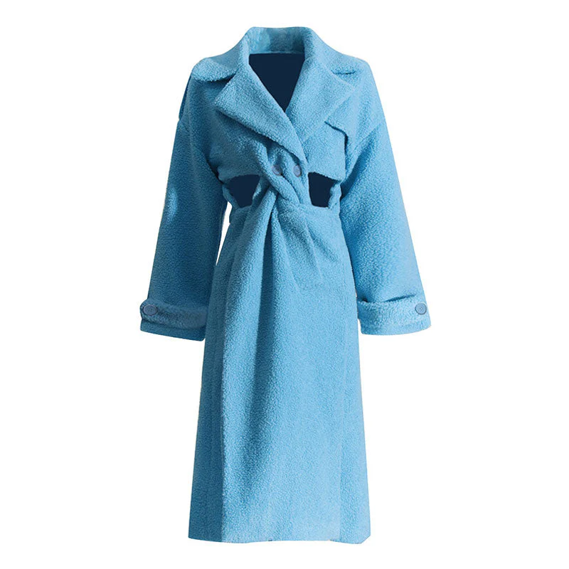 Quaint Notch Lapel Twisted Cut Out Bell Sleeve Double Breasted Midi Faux Fur Coat - Image 2