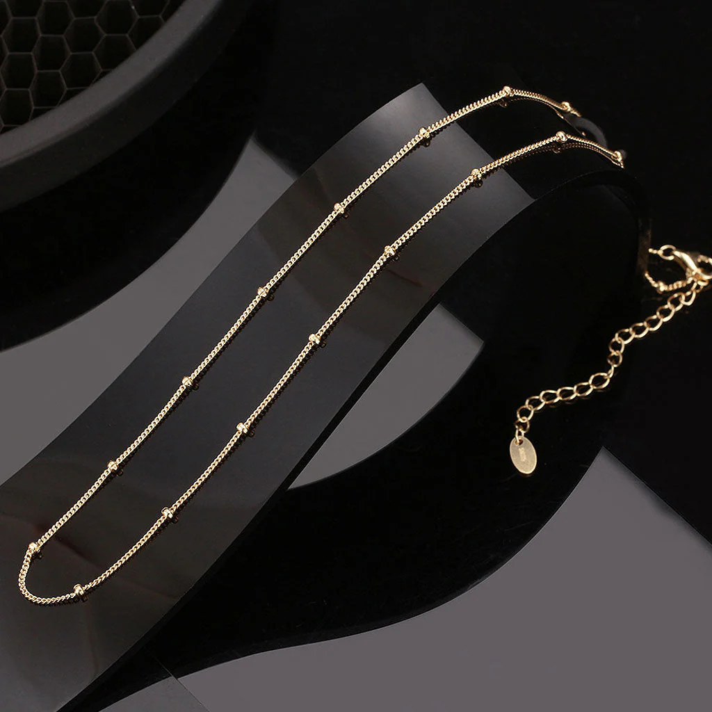 Quiet Luxury Tiny Bead Station Pure Sterling Silver 1MM Curb Chain NeckLace - Image 3