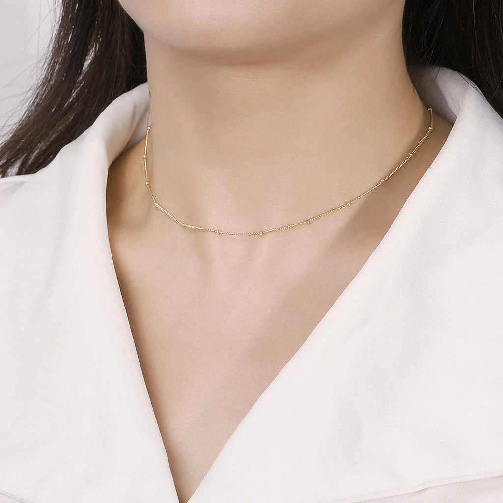 Quiet Luxury Tiny Bead Station Pure Sterling Silver 1MM Curb Chain NeckLace - Image 5