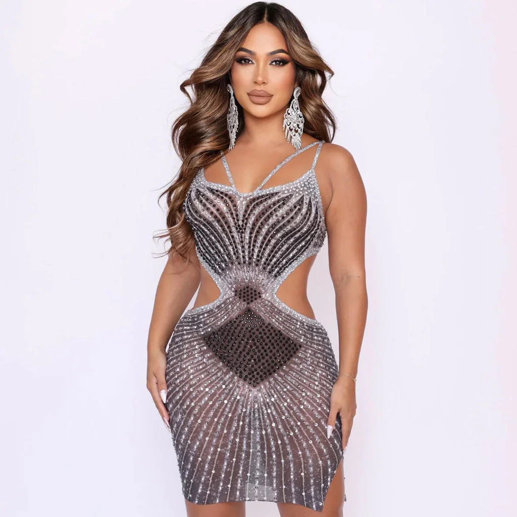 Radiant Handmade Crystal Contrast Printed CutOut Waist Mesh Sheer Mini Dress - Image 2