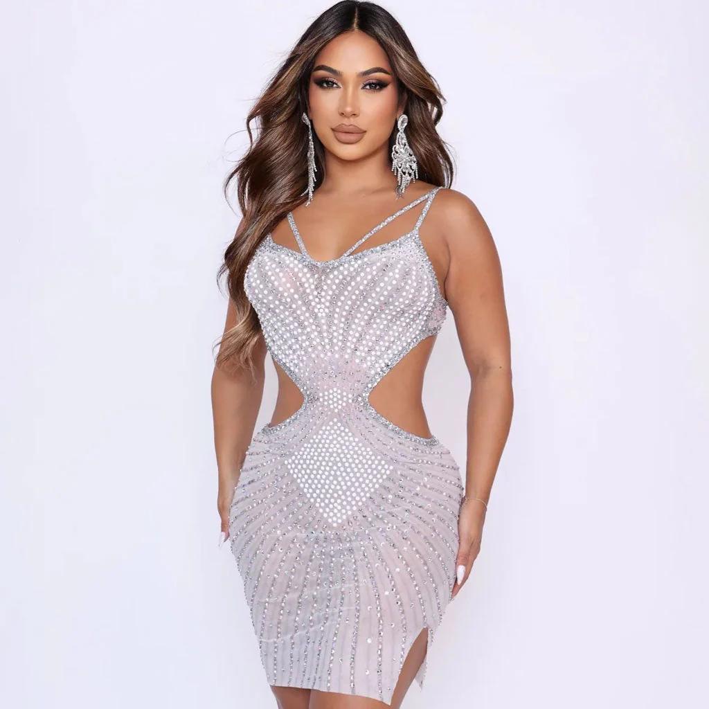 Radiant Handmade Crystal Contrast Printed CutOut Waist Mesh Sheer Mini Dress - Image 3