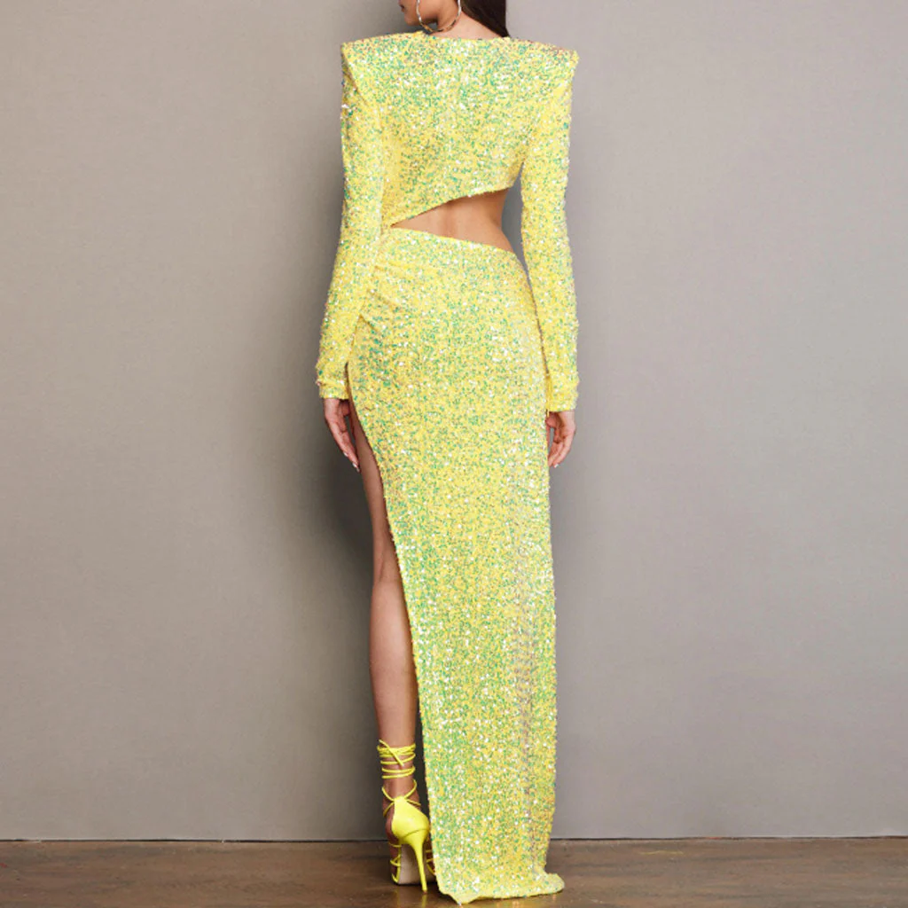 Radiant Sequin Embellished Ruched CutOut Long Sleeve Side Slit Maxi Velvet Dress - YelLow - Image 2